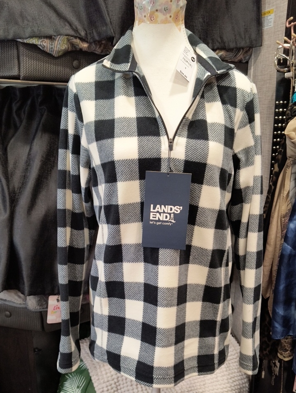 Lands' End Black and White Check Zip-Up Fleece Sweater, Small, NWT